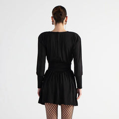 Solid Color Retro Long Sleeve Waist Tight Pleated Short Dress