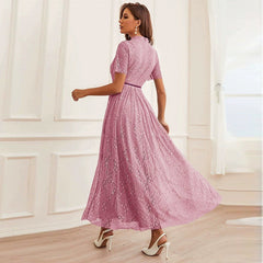 Vestido elegante y elegante de cintura alta con cuello redondo, manga corta y malla