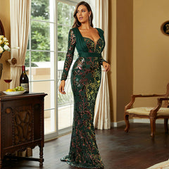 Elegant Wedding V-neck Long-Sleeved Sequined Banquet Sheath Fishtail Evening