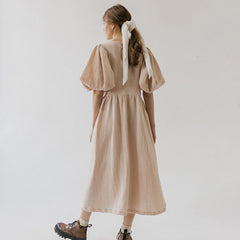 V neck Short Sleeve Lace up Dress French Office Solid Color Dress