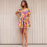 V Neck Printed Beach Dress Lantern Sleeve Short Dress Popular