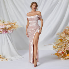 Vestido de noche, vestido de cóctel, vestido de dama de honor, largo, puro, con hombros descubiertos, vestido con abertura alta