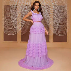 Vestido largo de encaje con tirantes, sin mangas, color pastel, con costuras multicapa, elegante