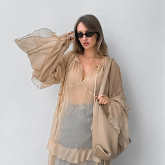 Khaki Batwing Sleeve Dress Sun Protective Blouse Maxi Dress for
