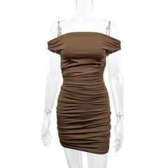 Wear off-Shoulder Pleated Hollow Out Cutout Solid Color Sheath Dress