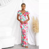 Floral Fresh Sweet V neck Lotus Leaf Sleeve Mid Length Dress