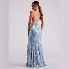 off Neck Sequined Floor Evening Dress Elegant Slit Cocktail Dress (3 Colors)