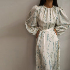 Loose Dress Puff Sleeve GracefulPrinted A line Dress