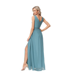 Chiffon Maxi Dress Double V Neck Sleeveless Swing Evening Dress Split Stretch Waistline Prom Gown