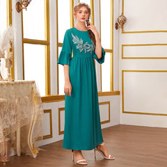 Vestido sencillo de cuello redondo, plisado, manga corta, manga media, cintura alta