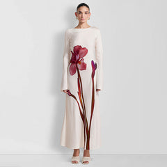 Intellectual Elegant round Neck Long Sleeve Back Hollow Out Cutout Print Length Dress