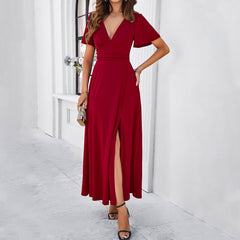 Solid Color Elegant Slim V neck Dress