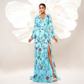 Vestido de cóctel de noche de alta gama con lentejuelas, manga larga y escote en V para dama de honor