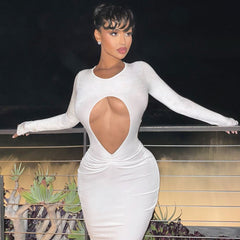 Cutout Slim Pleated Solid Color Long Sleeve Dress