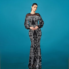 High Grade Long Sleeved round Neck Cocktail Sequined Sheath Fishtail Evening Dress Bridesmaid Dress