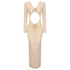 Apricot Long Sleeve Three Dimensional Floral Beaded Dress