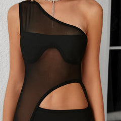 Diagonal Shoulder Cropped Outfit Mesh Stitching Design Irregular Asymmetric Hem Bandage Dress Dress See Through Dress