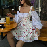 Bubble Sleeve Strap Tube Top Faux Two Piece French Dress Floral Cami Dress