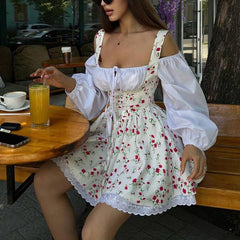 Bubble Sleeve Strap Tube Top Faux Two Piece French Dress Floral Cami Dress