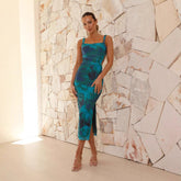 Sleeveless Backless off Neck Printed Split Mid Length Sling