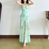 V-neck ruffled fishtail slim maxi dress
