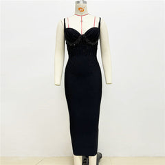 V neck Bead Diamond Strap Bandage Dress Ladies Party Annual Meeting Dress