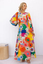 Years Print round Neck Lantern Sleeve Long Waist Dress-