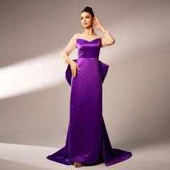 High Grade Long Sleeved round Neck Cocktail Beaded Big Bow Evening Dress Bridesmaid