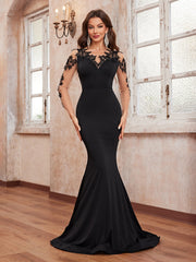 Prom Evening Dress Three Dimensional Lace Floral Long Sleeve Elegant Fishtail Party Dress