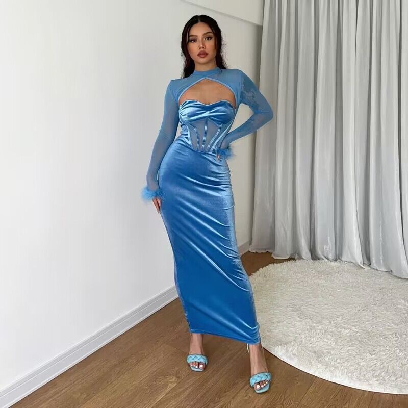Fall Plush Mesh Stitching Night Club Hollow Out Cutout Dress Slim Fit AmiEmi Fall Plush Mesh Stitching Night Club Hollow Out Cutout Dress Slim Fit AmiEmi