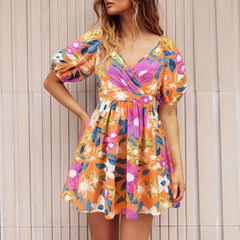 V Neck Printed Beach Dress Lantern Sleeve Short Dress Popular