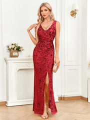Sequined Sleeveless Evening Cocktail Slit Fishtail Dress Long Toast Dress