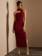 Texture Velvet Fabric Turtleneck Chest Hollowed Asymmetric Sleeveless Dress