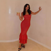 Hollow Out Cutout out Camisole Bohemian Beach Wooden Ear Knitted Sling Tiered Ruffle Maxi