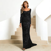 Fishtail Off Neck Long Sleeved Dress Mid Length Wedding Toast Dress Black Evening