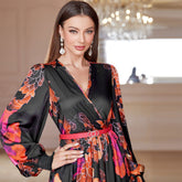 Fall V neck French High Waist Big Swing Dress with Belt