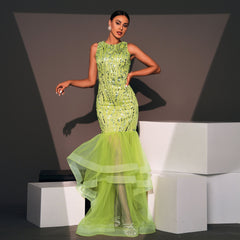 Elegantes, langes, paillettenbesetztes, ärmelloses Cocktail-Abendkleid mit Rundhalsausschnitt, Brautjungfernkleid