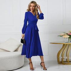 Long Sleeve Slim Fit Pleated Belt V neck Dress A line Dress