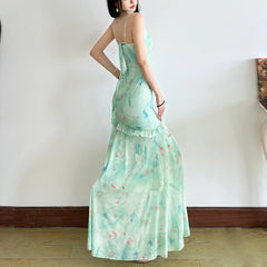 V-neck ruffled fishtail slim maxi dress