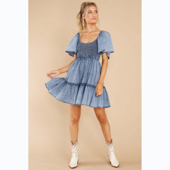 Close-Fitting Fresh Sweet Babydoll Denim Dress Smocked