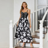 French Diamond Studded by HBoning Corset Floral Shaped Boning Corset Dress Abstract Printing A line Elegant Large Swing