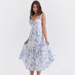 Sommerkleid aus der Kollektion: Süßes, würziges, geblümtes Midikleid mit offenem Rücken und ärmellosen Trägern für den Sommer