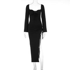 Long Sleeve Lace Up Slim Fit Backless Hollow Out Cutout Split Dress