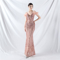 Positioning Floral Sequin Craft Order Ostrich Hair High End Evening Dress