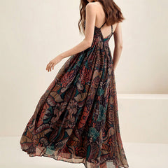 French Elegant Vacation Dress Printed V neck Seaside Strap Dress
