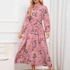 Slim Fit Elegant Lantern Sleeve StUp Collar Lace Floral Midi Dress