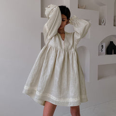 Französisches Kleid aus Baumwollleinen, Büro-Stil, V-Ausschnitt, Laternenärmel, locker geschnitten