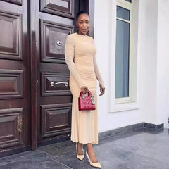 Elegant round Neck Long Sleeve Slim Fit Slimming Pleated Solid Color Maxi