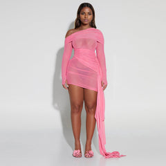 Wear Off Neck Design Pleated Dress Dopamine Sexy