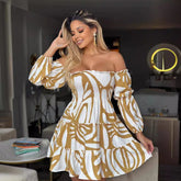 Off Shoulder Bandeau Dress Bubble Long Sleeve Patchwork Ruffled Short Dress